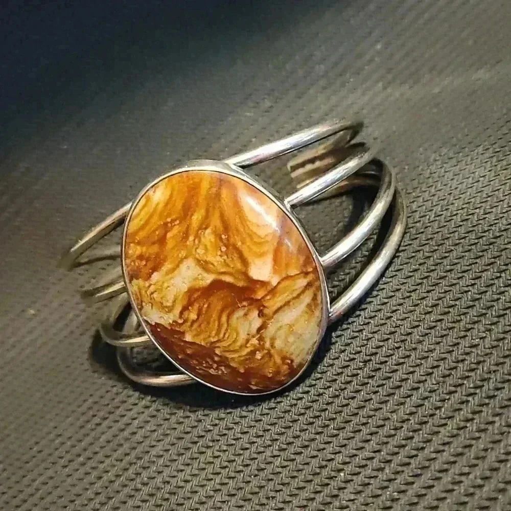 Sterling Silver Vintage Agate Cuff Bracelet Native Southwest Signed Wm 73'